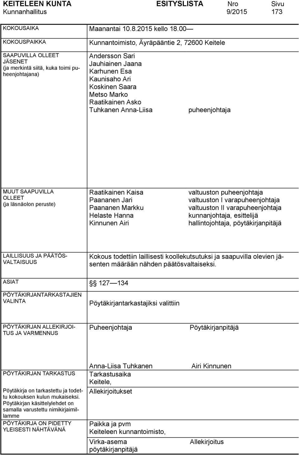 Koskinen Saara Metso Marko Raatikainen Asko Tuhkanen Anna-Liisa puheenjohtaja MUUT SAAPUVILLA OLLEET (ja läsnäolon peruste) Raatikainen Kaisa Paananen Jari Paananen Markku Helaste Hanna Kinnunen Airi