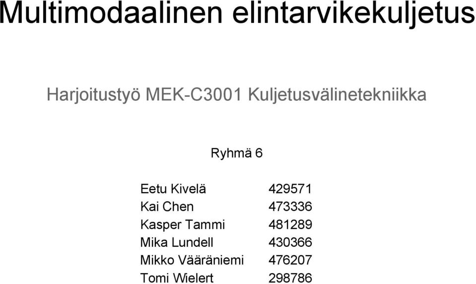 429571 Kai Chen 473336 Kasper Tammi 481289 Mika