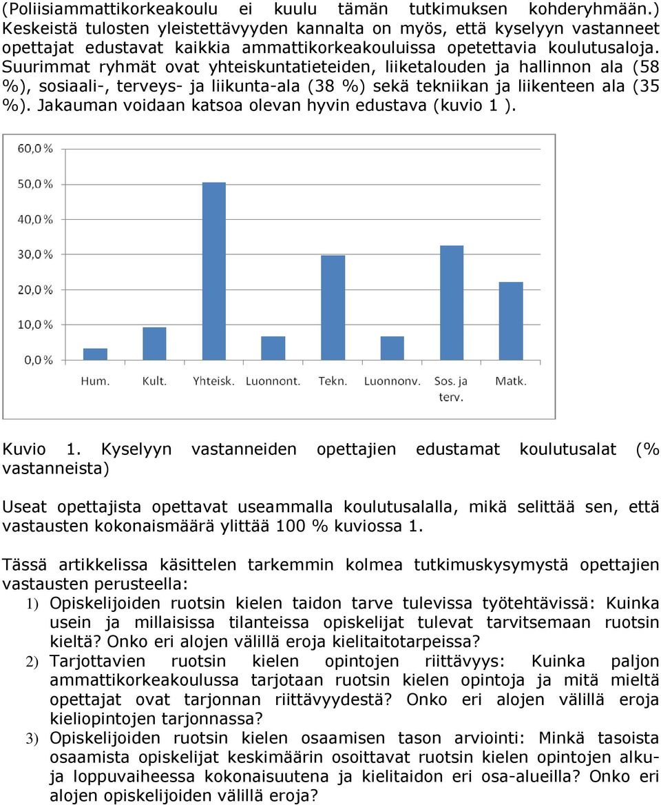 Suurimmat ryhmät ovat yhteiskuntatieteiden, liiketalouden ja hallinnon ala (58 %), sosiaali-, terveys- ja liikunta-ala (38 %) sekä tekniikan ja liikenteen ala (35 %).