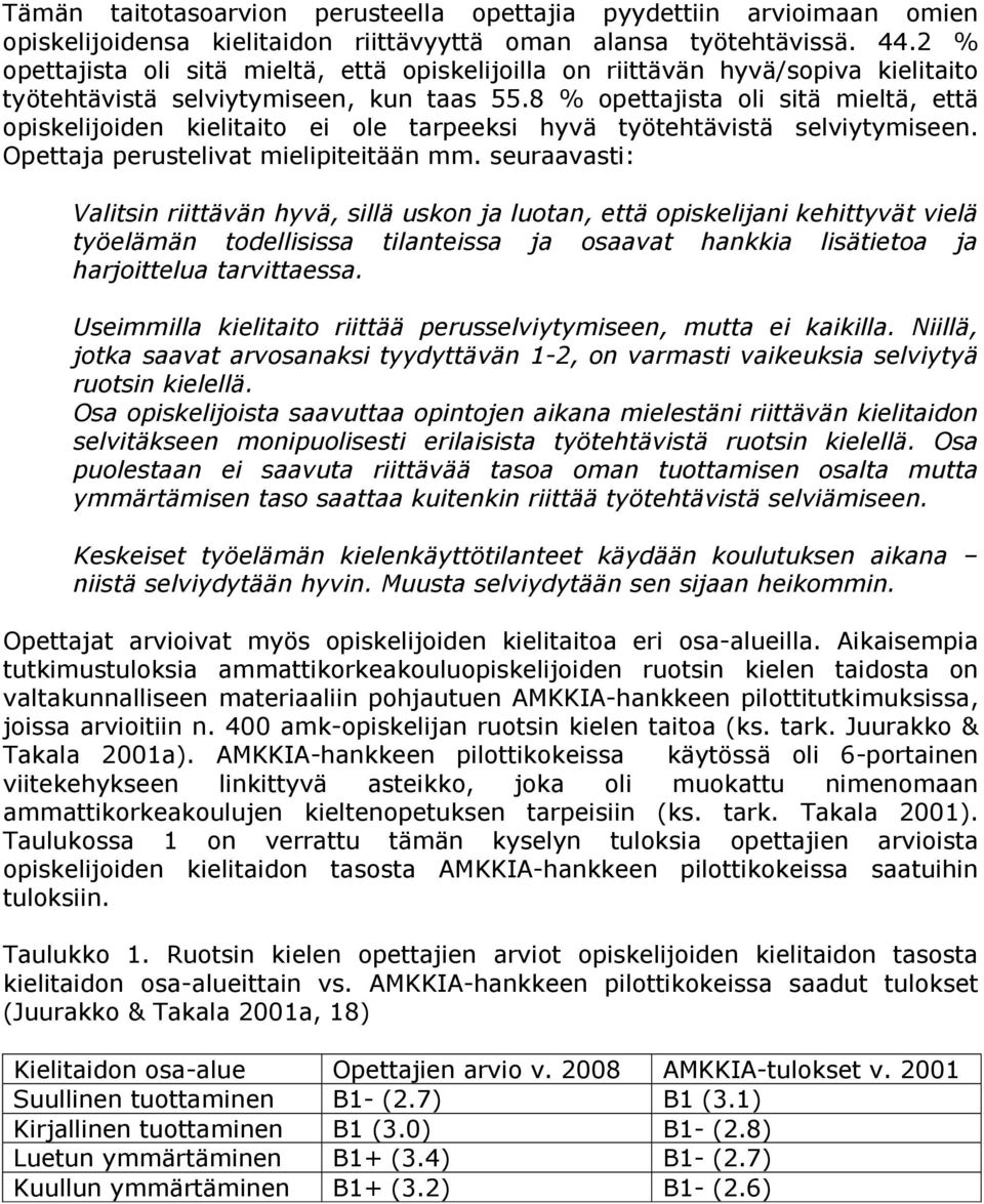 8 % opettajista oli sitä mieltä, että opiskelijoiden kielitaito ei ole tarpeeksi hyvä työtehtävistä selviytymiseen. Opettaja perustelivat mielipiteitään mm.