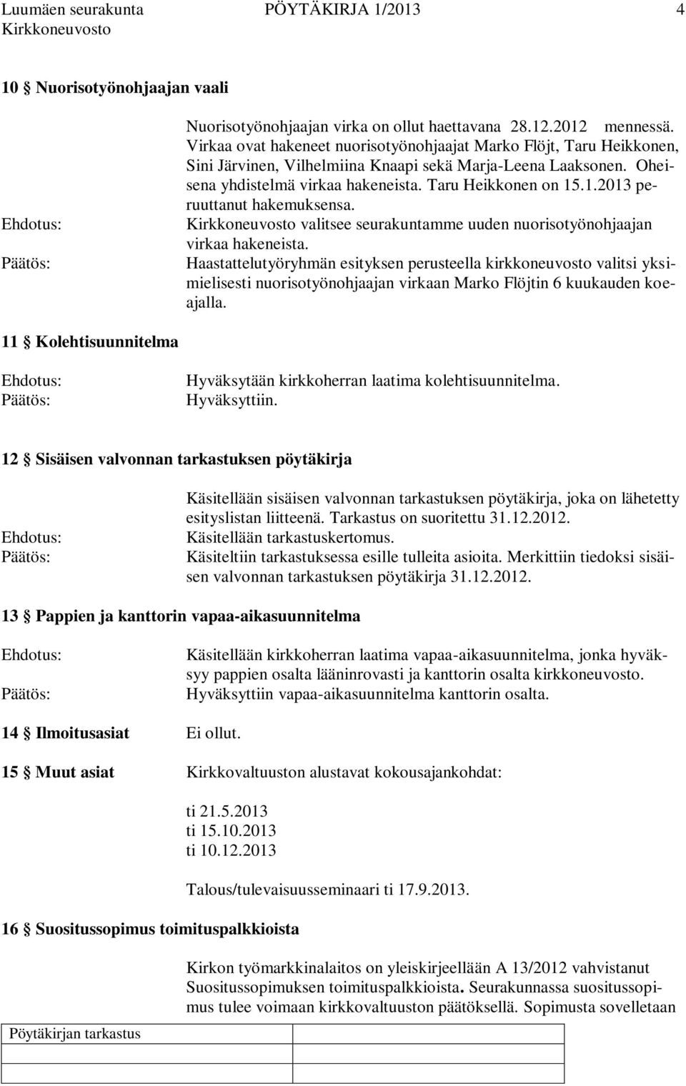 .1.2013 peruuttanut hakemuksensa. valitsee seurakuntamme uuden nuorisotyönohjaajan virkaa hakeneista.