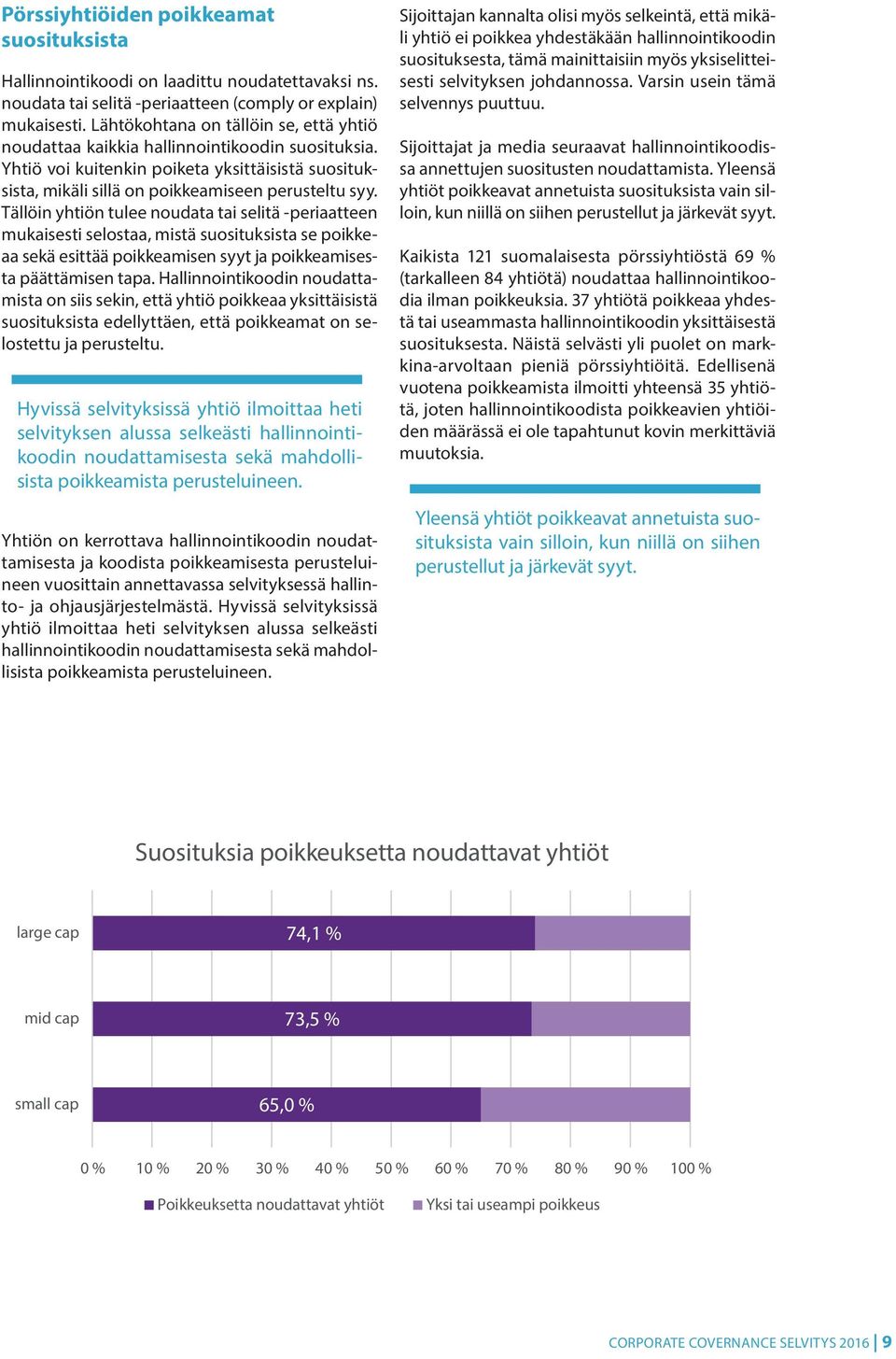 Tällöin yhtiön tulee noudata tai selitä -periaatteen mukaisesti selostaa, mistä suosituksista se poikkeaa sekä esittää poikkeamisen syyt ja poikkeamisesta päättämisen tapa.