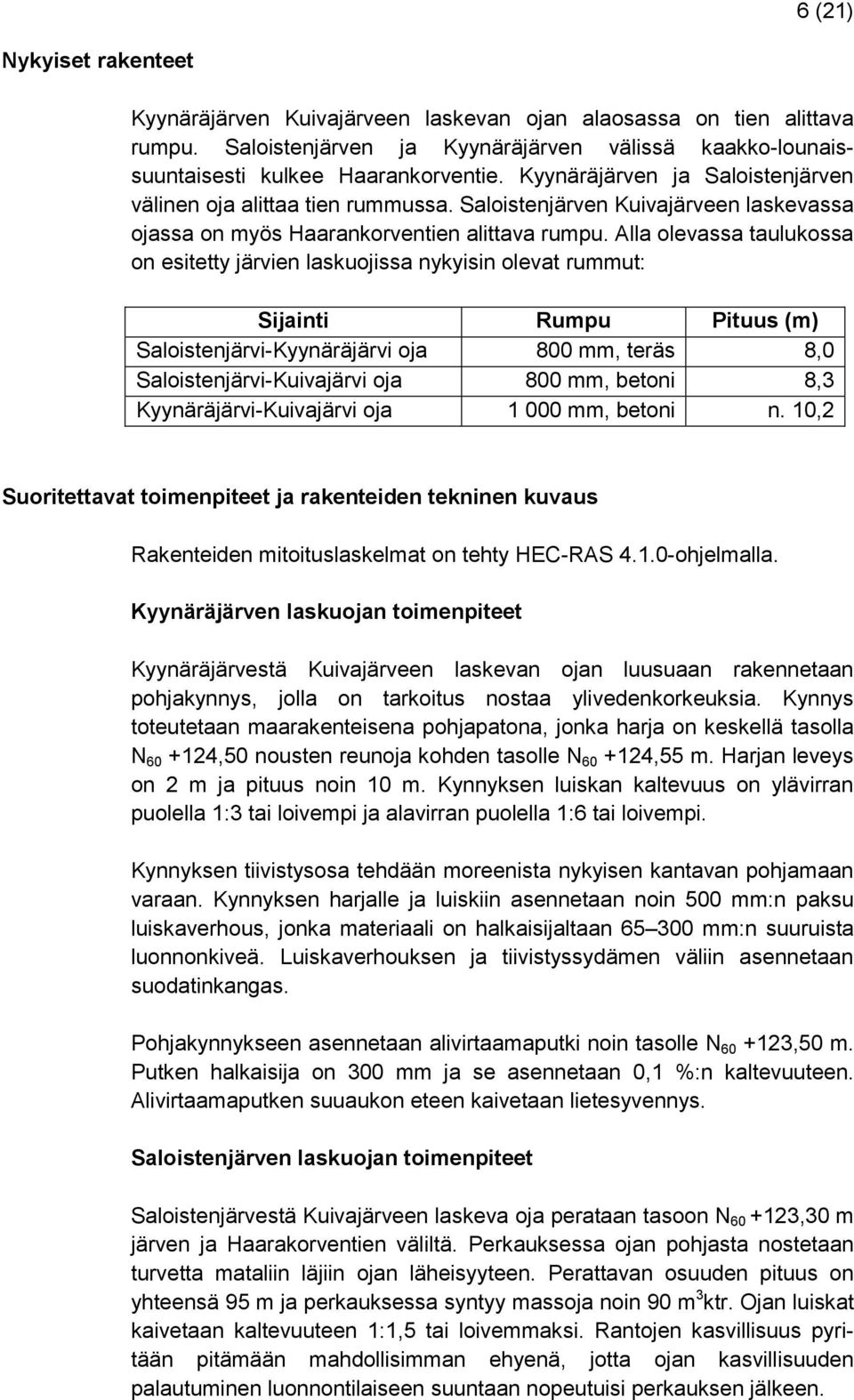 Alla olevassa taulukossa on esitetty järvien laskuojissa nykyisin olevat rummut: Sijainti Rumpu Pituus (m) Saloistenjärvi-Kyynäräjärvi oja 800 mm, teräs 8,0 Saloistenjärvi-Kuivajärvi oja 800 mm,