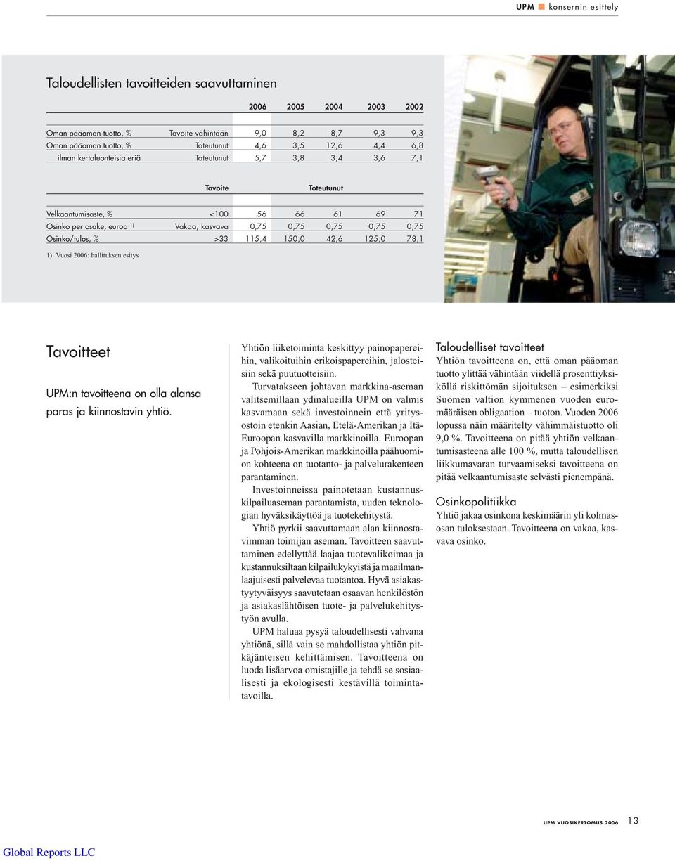 Osinko/tulos, % >33 115,4 150,0 42,6 125,0 78,1 1) Vuosi 2006: hallituksen esitys Tavoitteet UPM:n tavoitteena on olla alansa paras ja kiinnostavin yhtiö.