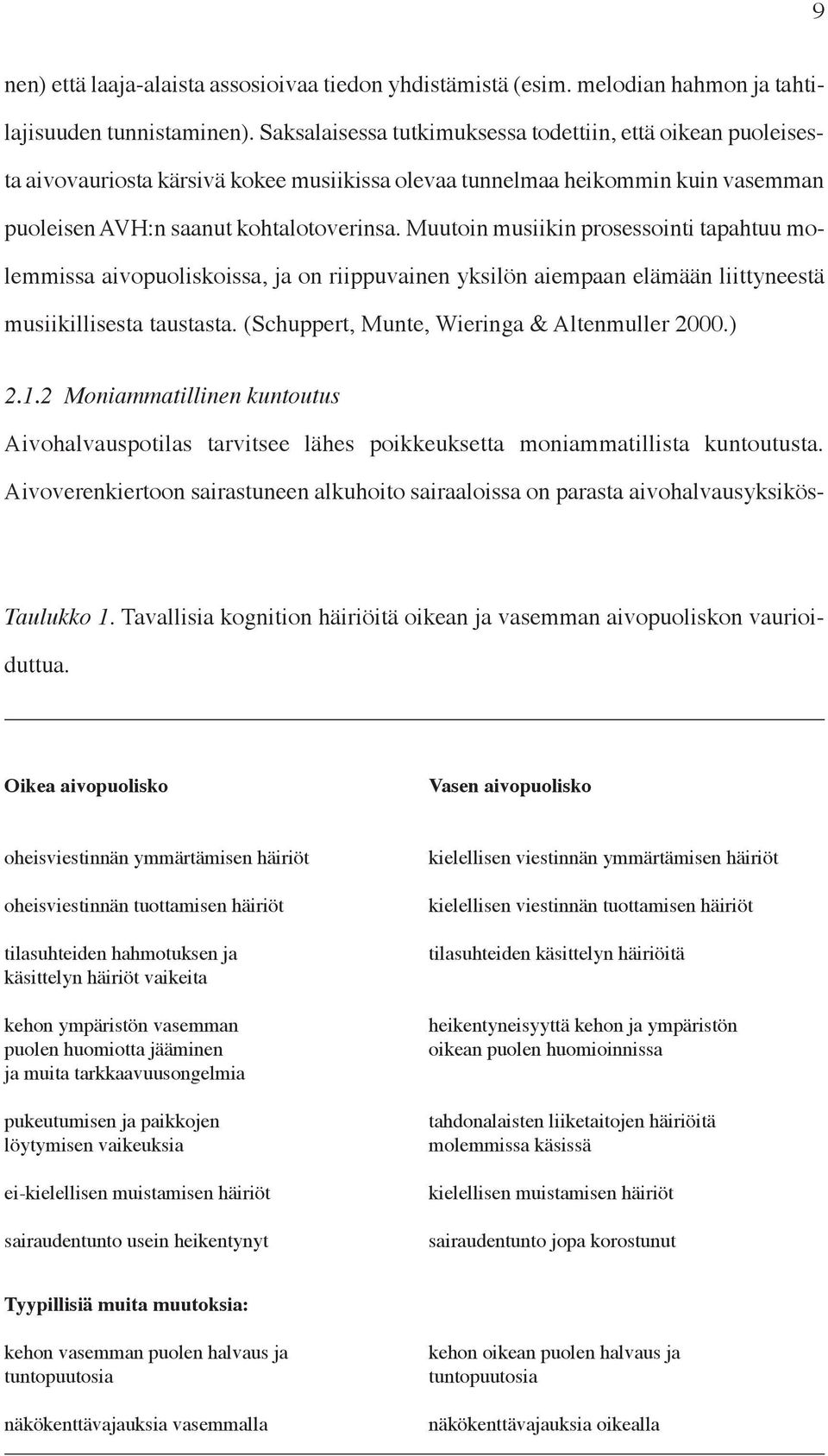 Muutoin musiikin prosessointi tapahtuu molemmissa aivopuoliskoissa, ja on riippuvainen yksilön aiempaan elämään liittyneestä musiikillisesta taustasta. (Schuppert, Munte, Wieringa & Altenmuller 2000.