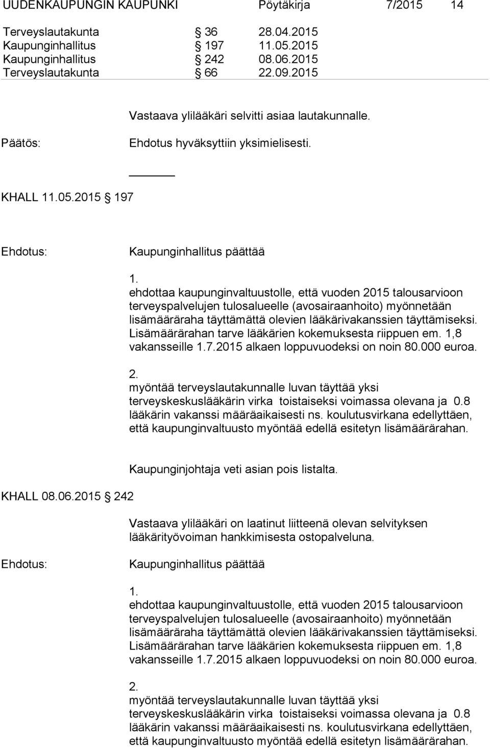 ehdottaa kaupunginvaltuustolle, että vuoden 2015 talousarvioon terveyspalvelujen tulosalueelle (avosairaanhoito) myönnetään lisämääräraha täyttämättä olevien lääkärivakanssien täyttämiseksi.