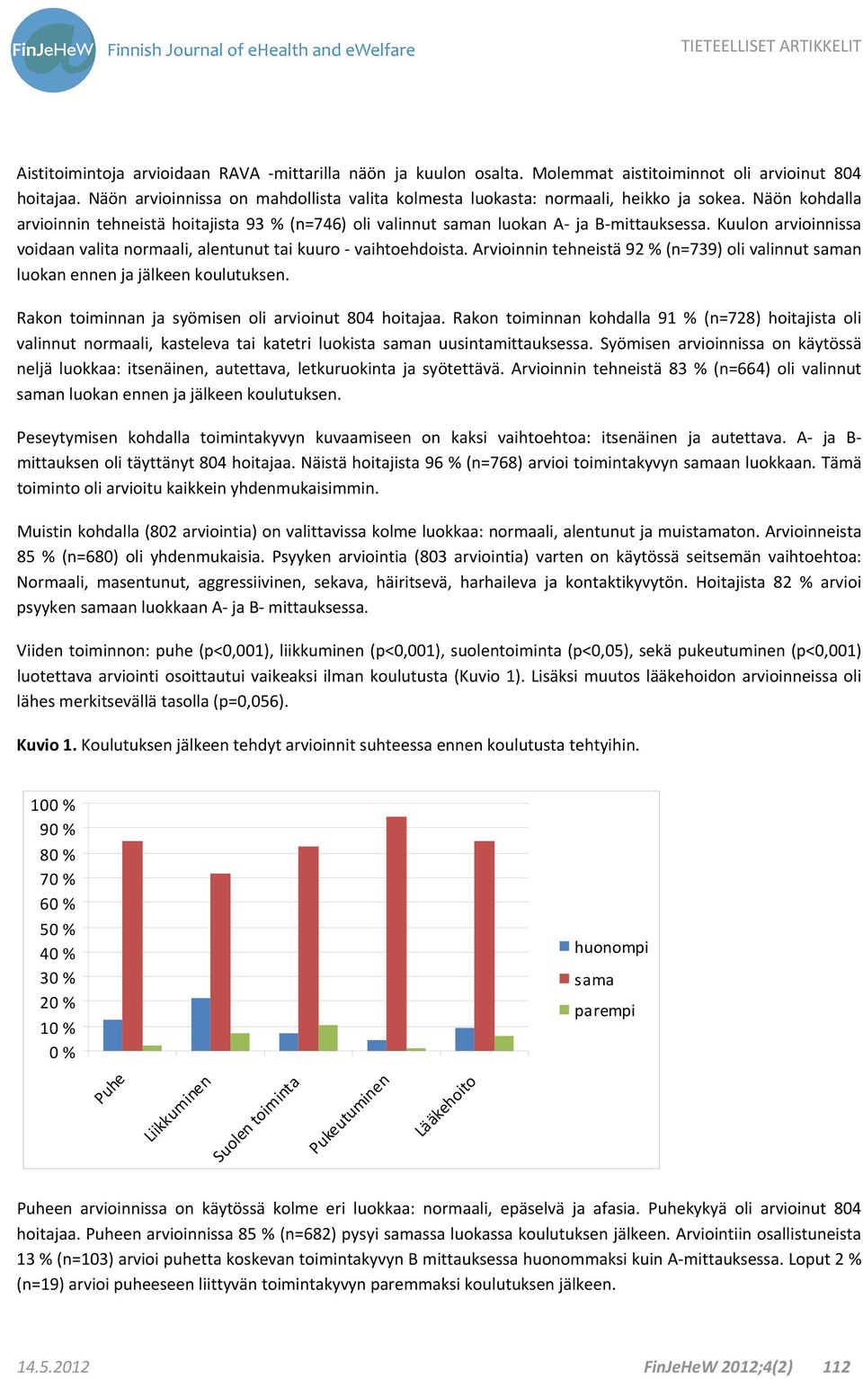 Kuulon arvioinnissa voidaan valita normaali, alentunut tai kuuro vaihtoehdoista. Arvioinnin tehneistä 92 % (n=739) oli valinnut saman luokan ennen ja jälkeen koulutuksen.