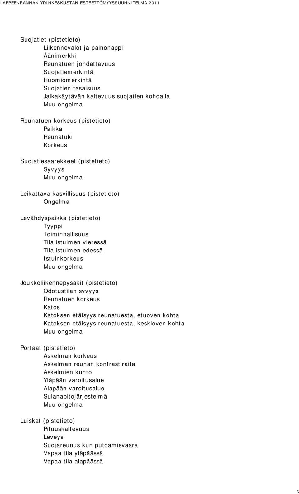 Ongelma Levähdyspaikka (pistetieto) Tyyppi Toiminnallisuus Tila istuimen vieressä Tila istuimen edessä Istuinkorkeus Muu ongelma Joukkoliikennepysäkit (pistetieto) Odotustilan syvyys Reunatuen