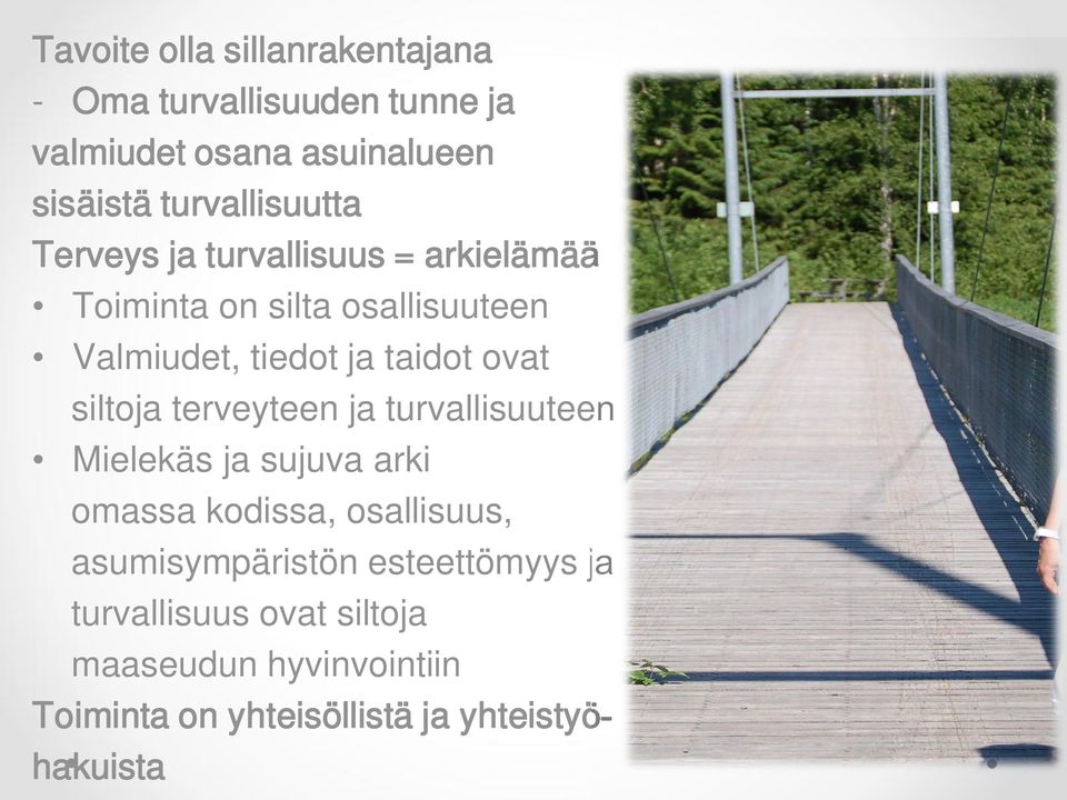 taidot ovat siltoja terveyteen ja turvallisuuteen Mielekäs ja sujuva arki omassa kodissa, osallisuus,