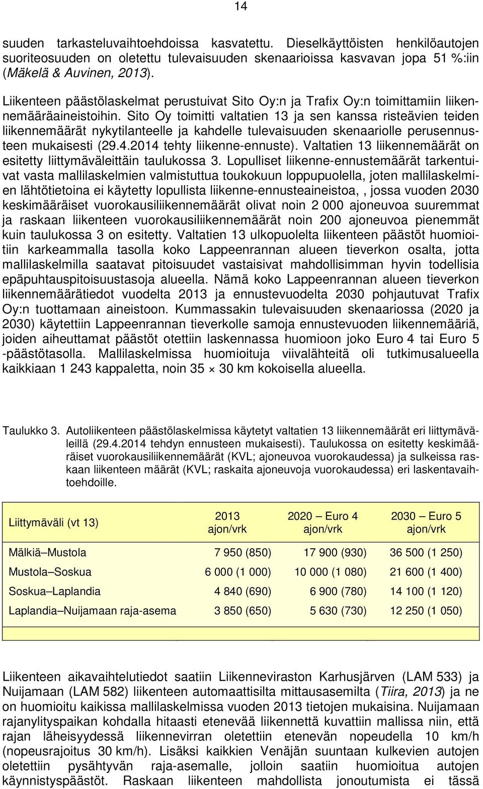 Sito Oy toimitti valtatien 13 ja sen kanssa risteävien teiden liikennemäärät nykytilanteelle ja kahdelle tulevaisuuden skenaariolle perusennusteen mukaisesti (29.4.2014 tehty liikenne-ennuste).