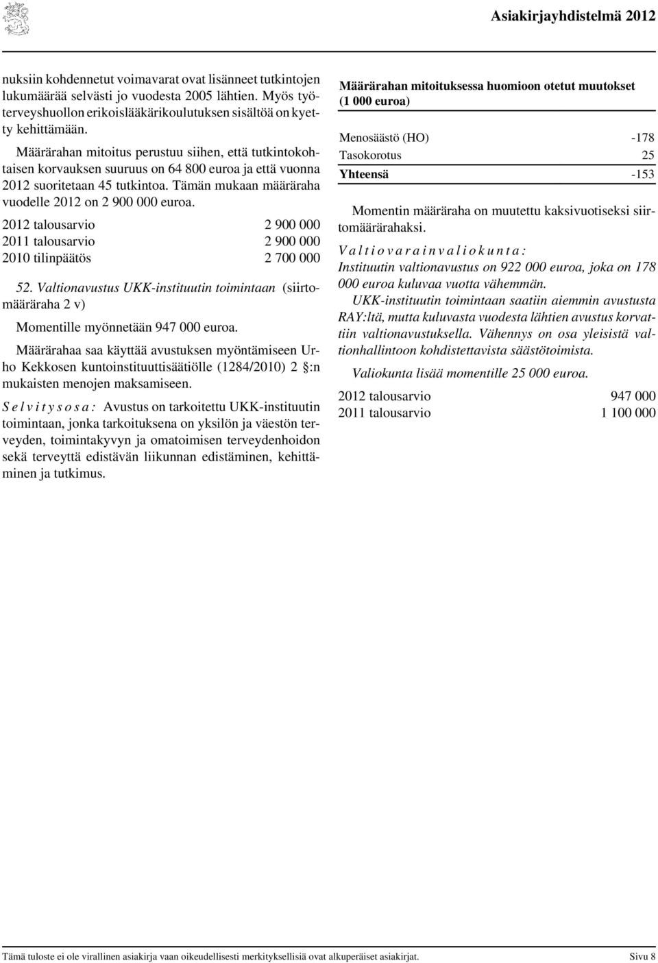 2012 talousarvio 2 900 000 2011 talousarvio 2 900 000 2010 tilinpäätös 2 700 000 52. Valtionavustus UKK-instituutin toimintaan (siirtomääräraha 2 v) Momentille myönnetään 947 000 euroa.