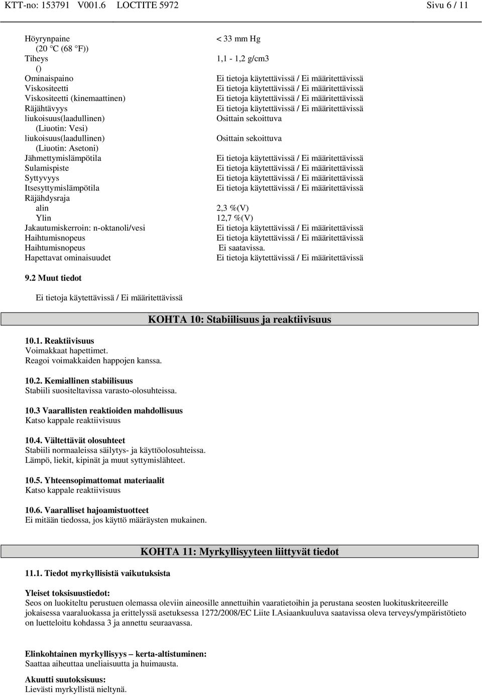 (Liuotin: Asetoni) Jähmettymislämpötila Sulamispiste Syttyvyys Itsesyttymislämpötila Räjähdysraja alin Ylin Jakautumiskerroin: n-oktanoli/vesi Haihtumisnopeus Haihtumisnopeus Hapettavat ominaisuudet