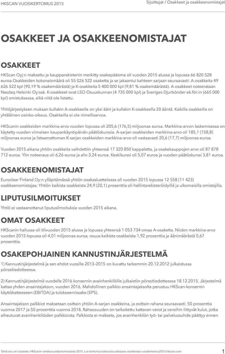 A-osakkeet noteerataan Nasdaq Helsinki Oy:ssä. K-osakkeet ovat LSO Osuuskunnan (4 735 000 ) ja Sveriges Djurbönder ek.för:in (665 000 ) omistuksessa, eikä niitä ole listattu.