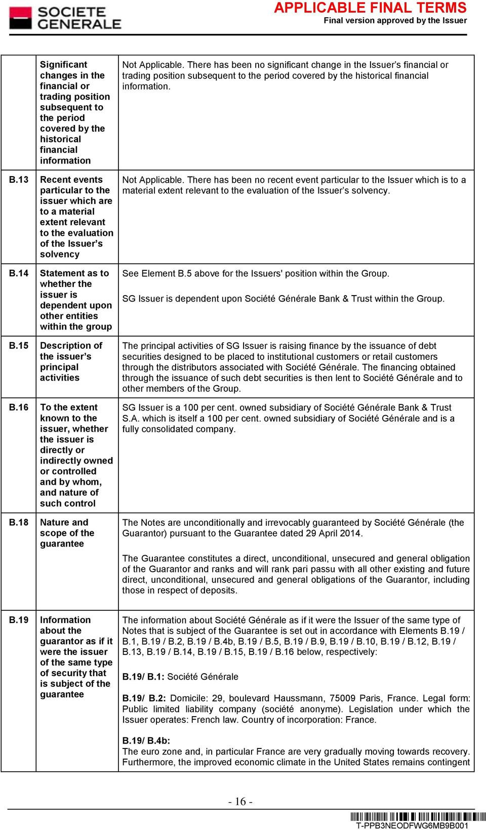 14 Statement as to whether the issuer is dependent upon other entities within the group B.15 Description of the issuer s principal activities B.