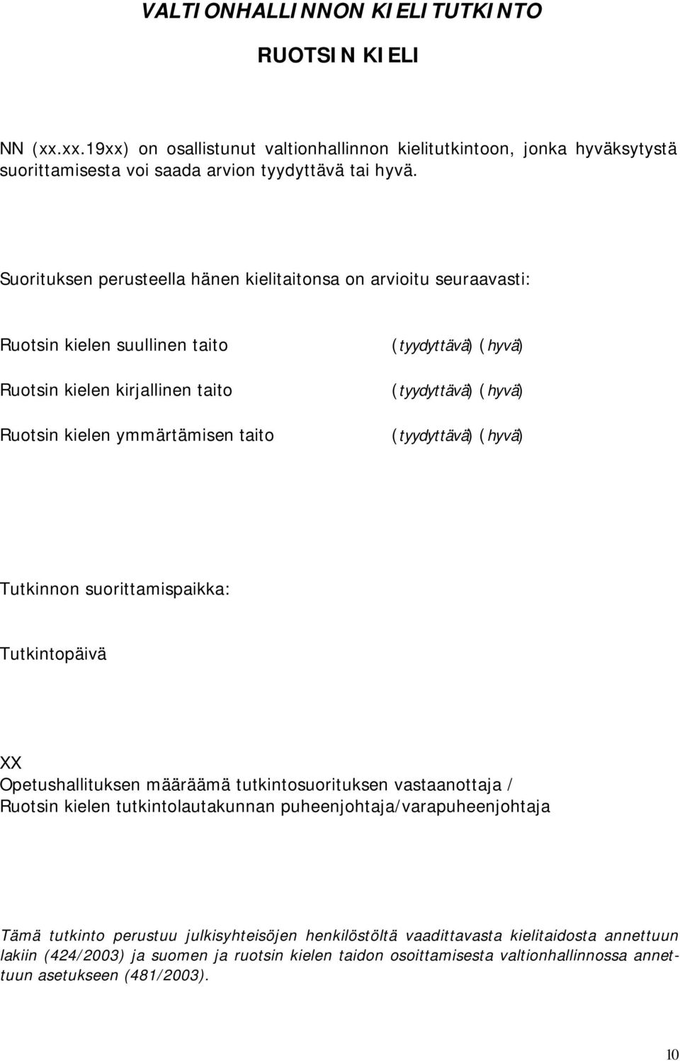 (hyvä) (tyydyttävä) (hyvä) Tutkinnon suorittamispaikka: Tutkintopäivä XX Opetushallituksen määräämä tutkintosuorituksen vastaanottaja / Ruotsin kielen tutkintolautakunnan