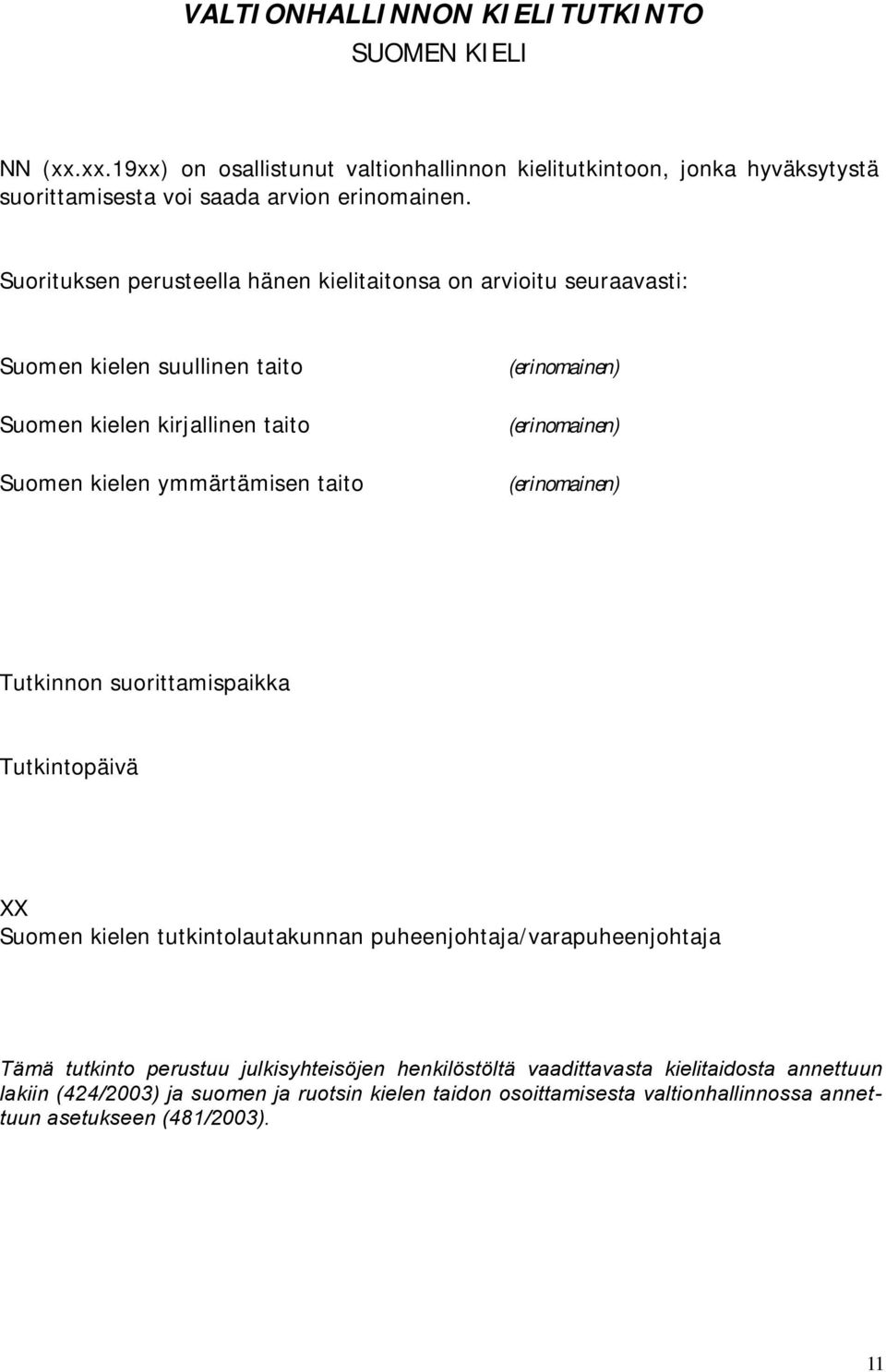 (erinomainen) (erinomainen) (erinomainen) Tutkinnon suorittamispaikka Tutkintopäivä XX Suomen kielen tutkintolautakunnan puheenjohtaja/varapuheenjohtaja Tämä tutkinto perustuu
