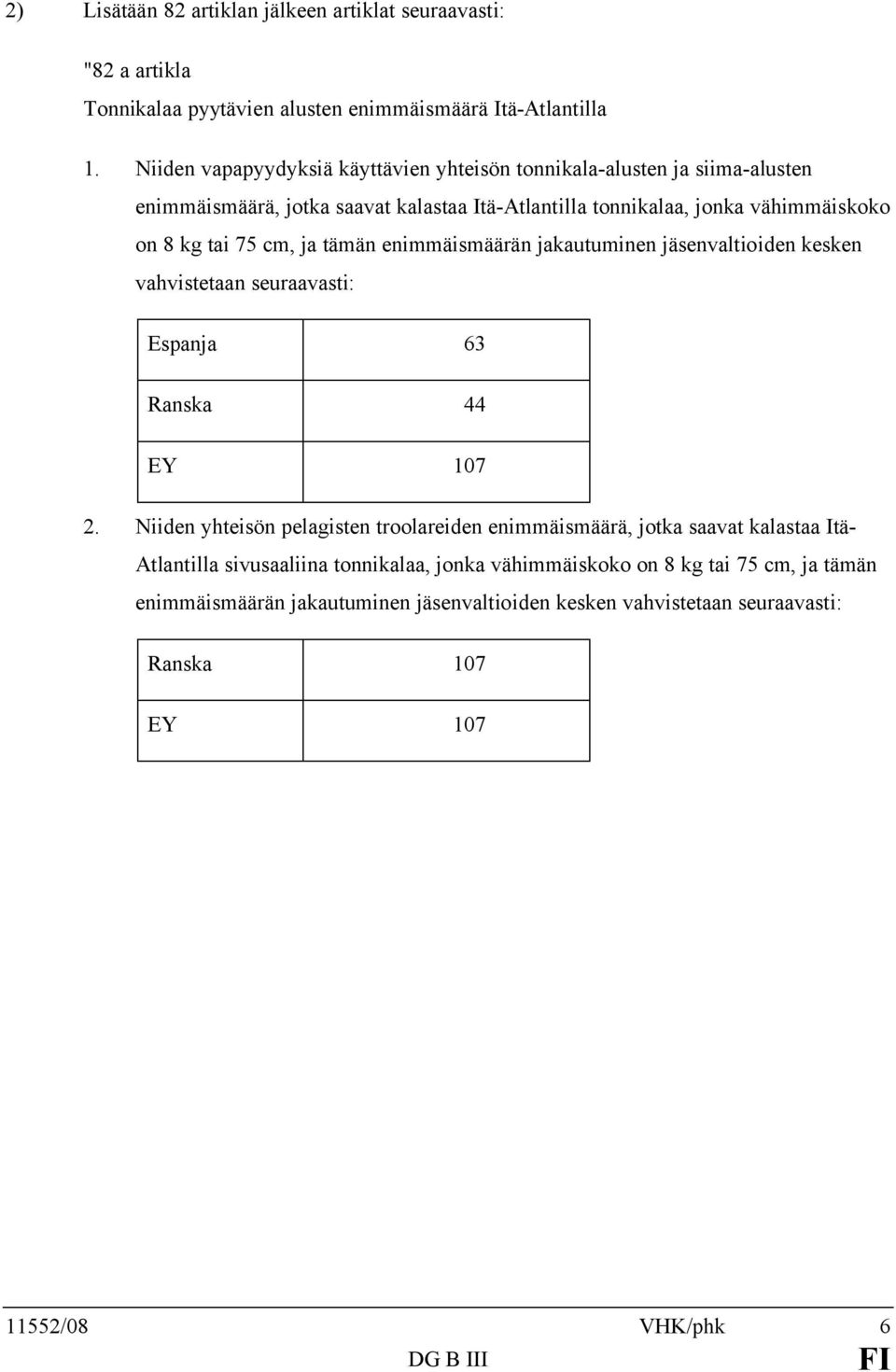 ja tämän enimmäismäärän jakautuminen jäsenvaltioiden kesken vahvistetaan seuraavasti: Espanja 63 Ranska 44 EY 107 2.