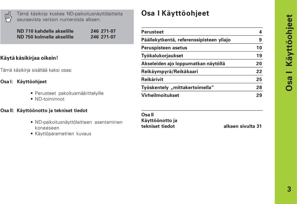 Tämä käsikirja sisältää kaksi osaa: Osa I: Käyttöohjeet Perusteet pakoitusmäärittelyille ND-toiminnot Osa I Käyttöohjeet Perusteet 4 Päällekytkentä, referenssipisteen yliajo 9