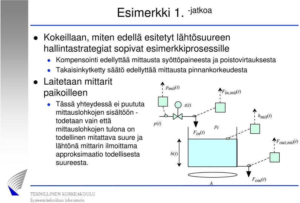 syöttöpaineesta ja poistovirtauksesta Takaisinkytketty säätö edellyttää mittausta pinnankorkeudesta Laitetaan mittarit paikoilleen Tässä