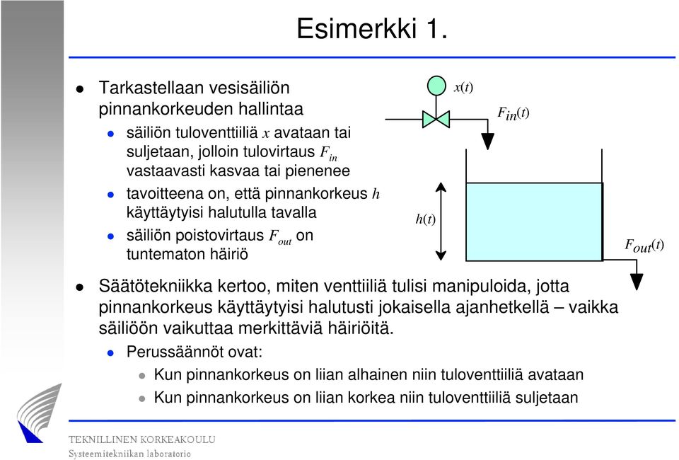 tavoitteena on, että pinnankorkeus h käyttäytyisi halutulla tavalla säiliön poistovirtaus F out on tuntematon häiriö h(t) x(t) F in (t) F out (t)