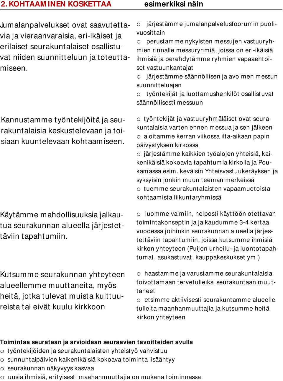 Kutsumme seurakunnan yhteyteen alueellemme muuttaneita, myös heitä, jotka tulevat muista kulttuureista tai eivät kuulu kirkkoon o järjestämme jumalanpalvelusfoorumin puolivuosittain o perustamme