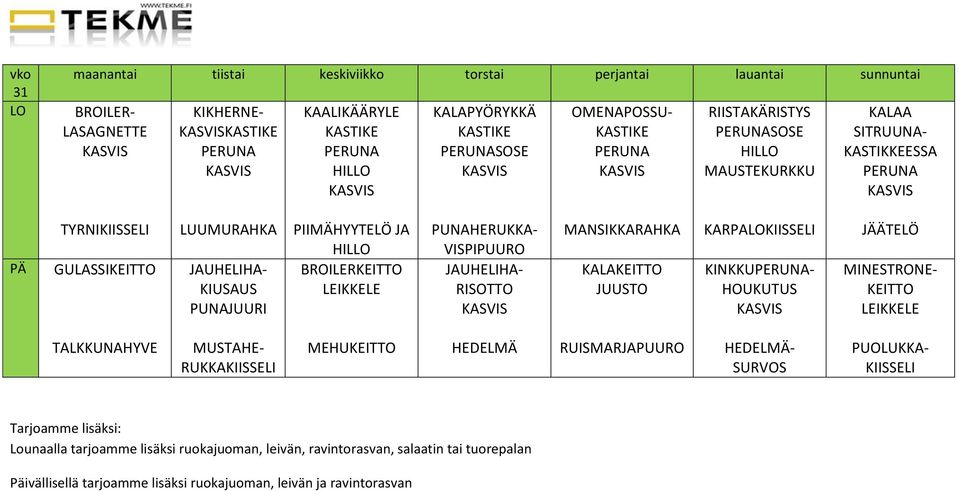 KINKKU- HOUKUTUS JÄÄTELÖ MINESTRONE- TALKKUNAHYVE MUSTAHE- RUKKA RUISMARJAPUURO - SURVOS PUOLUKKA- Tarjoamme lisäksi: Lounaalla