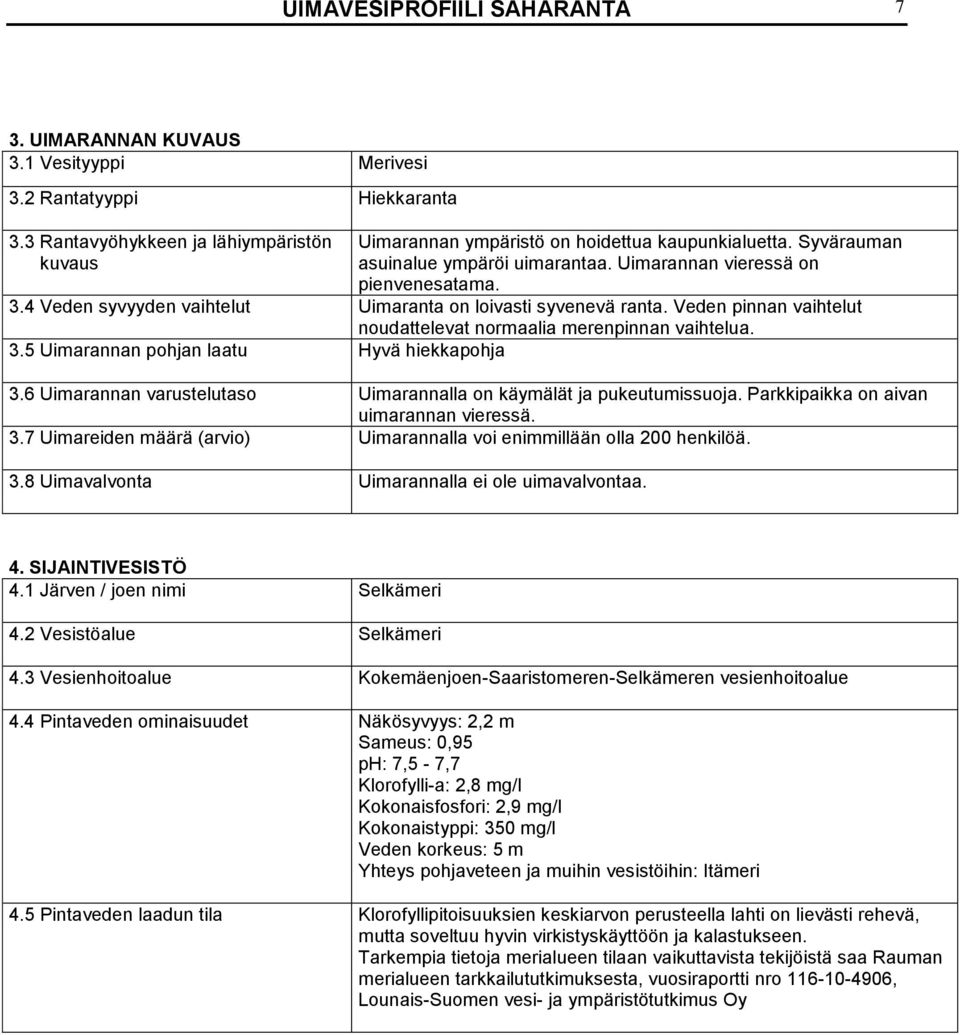 Veden pinnan vaihtelut noudattelevat normaalia merenpinnan vaihtelua. 3.5 Uimarannan pohjan laatu Hyvä hiekkapohja 3.6 Uimarannan varustelutaso Uimarannalla on käymälät ja pukeutumissuoja.