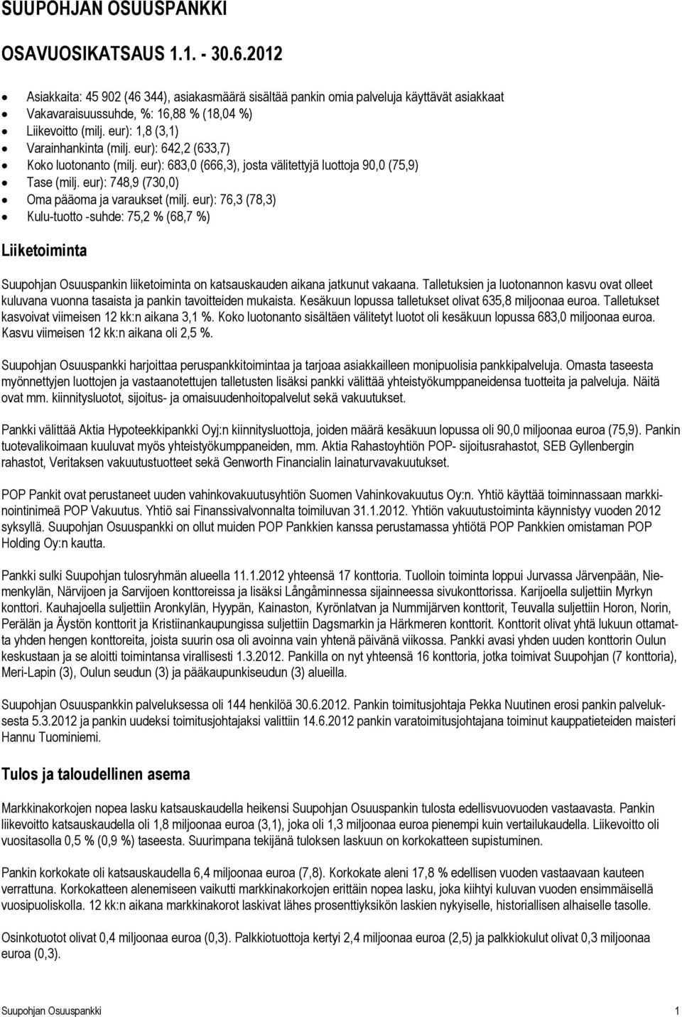 eur): 642,2 (633,7) Koko luotonanto (milj. eur): 683,0 (666,3), josta välitettyjä luottoja 90,0 (75,9) Tase (milj. eur): 748,9 (730,0) Oma pääoma ja varaukset (milj.