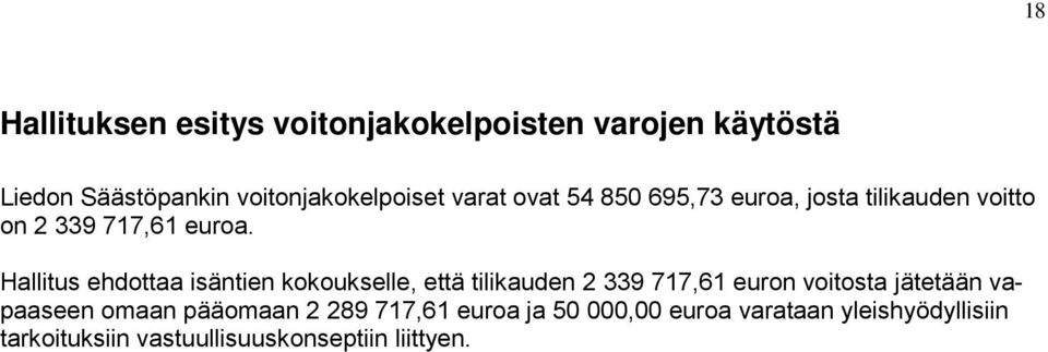 Hallitus ehdottaa isäntien kokoukselle, että tilikauden 2 339 717,61 euron voitosta jätetään vapaaseen