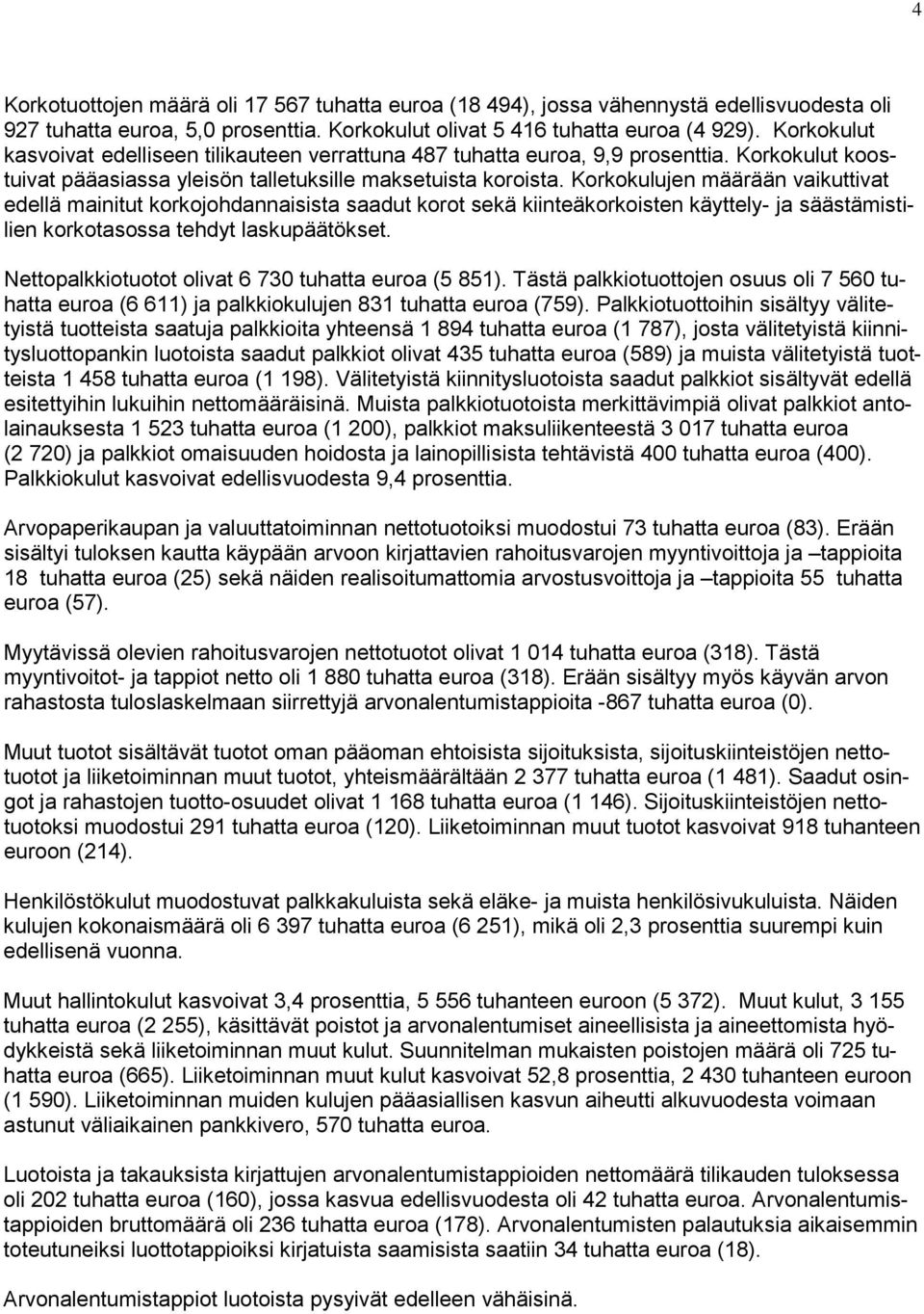 Korkokulujen määrään vaikuttivat edellä mainitut korkojohdannaisista saadut korot sekä kiinteäkorkoisten käyttely- ja säästämistilien korkotasossa tehdyt laskupäätökset.