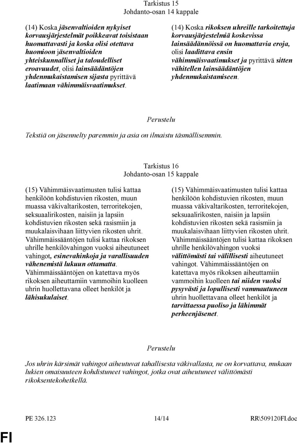 (14) Koska rikoksen uhreille tarkoitettuja korvausjärjestelmiä koskevissa lainsäädännöissä on huomattavia eroja, olisi laadittava ensin vähimmäisvaatimukset ja pyrittävä sitten vähitellen