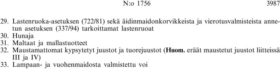 annetun asetuksen (337/94) tarkoittamat lastenruoat 30. Hunaja 31.