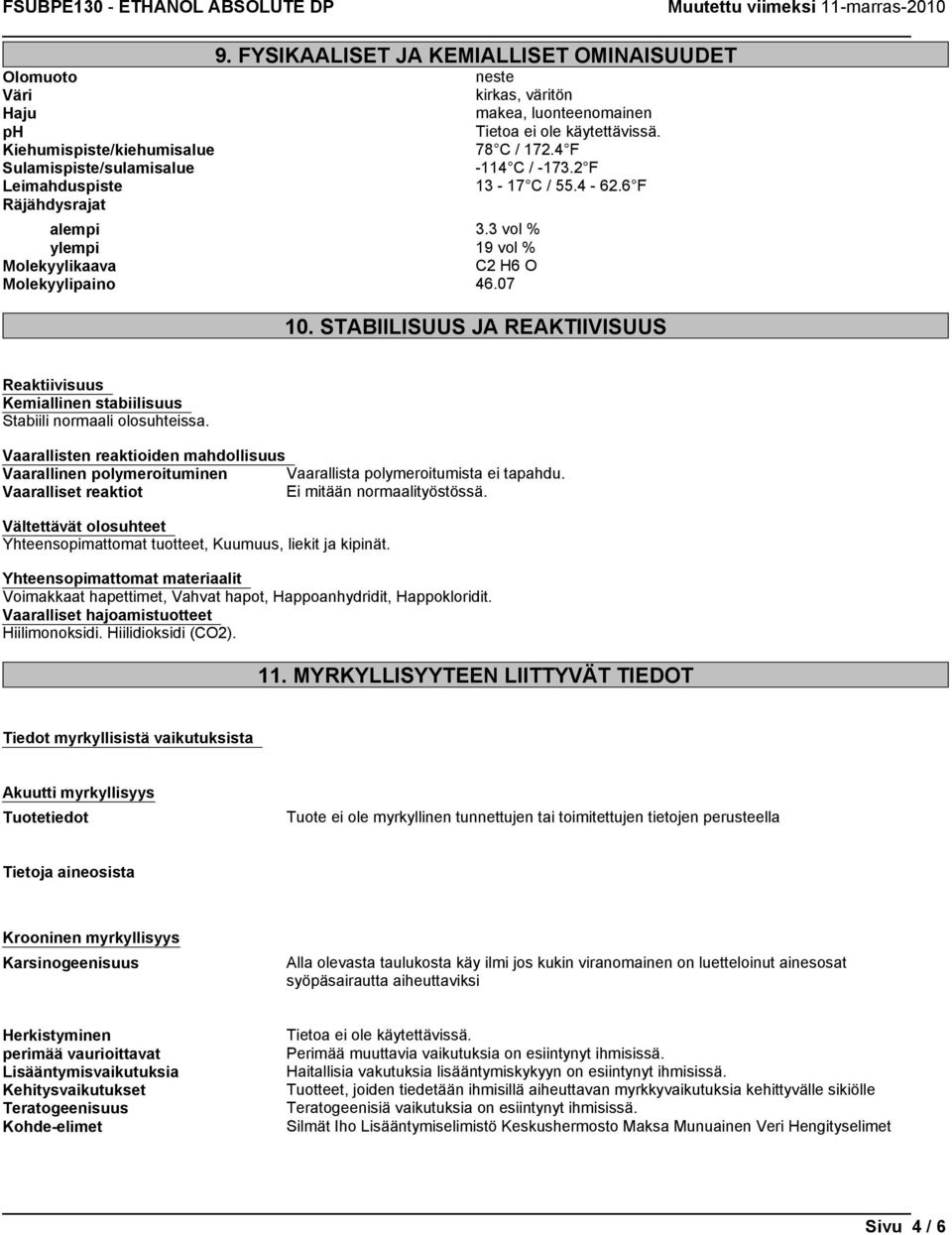 STABIILISUUS JA REAKTIIVISUUS Reaktiivisuus Kemiallinen stabiilisuus Stabiili normaali olosuhteissa.