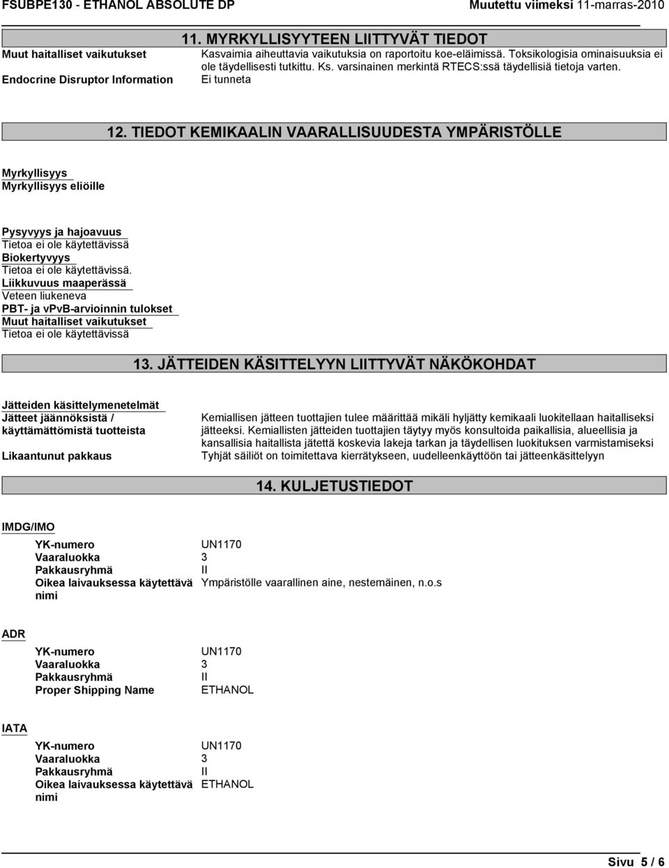 TIEDOT KEMIKAALIN VAARALLISUUDESTA YMPÄRISTÖLLE Myrkyllisyys Myrkyllisyys eliöille Pysyvyys ja hajoavuus Tietoa ei ole käytettävissä Biokertyvyys Liikkuvuus maaperässä Veteen liukeneva PBT- ja