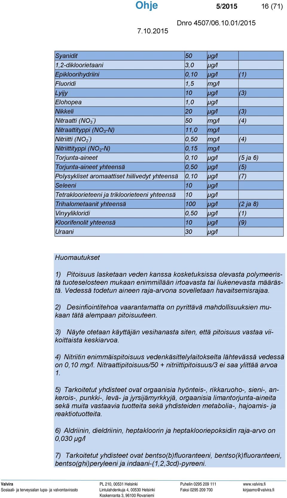 aromaattiset hiilivedyt yhteensä 0,10 μg/l (7) Seleeni 10 μg/l Tetrakloorieteeni ja trikloorieteeni yhteensä 10 μg/l Trihalometaanit yhteensä 100 μg/l (2 ja 8) Vinyylikloridi 0,50 μg/l (1)