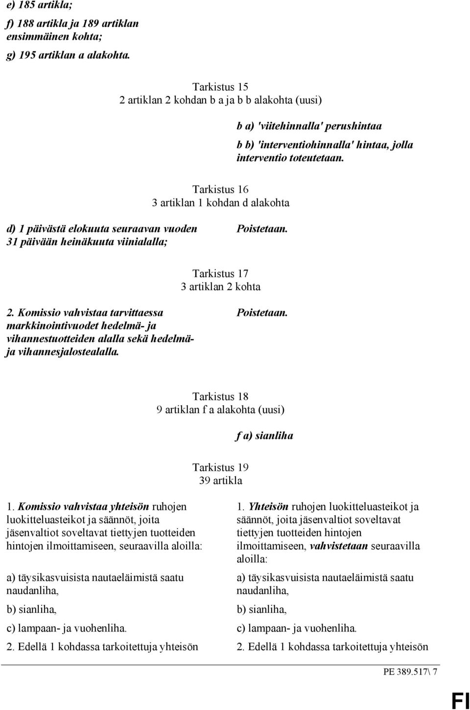 toteutetaan. d) 1 päivästä elokuuta seuraavan vuoden 31 päivään heinäkuuta viinialalla; Poistetaan. Tarkistus 17 3 artiklan 2 kohta 2.