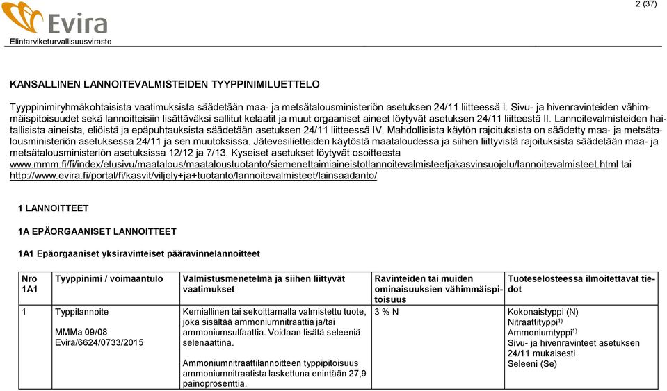 Lannoitevalmisteiden haitallisista aineista, eliöistä ja epäpuhtauksista säädetään asetuksen 24/11 liitteessä IV.