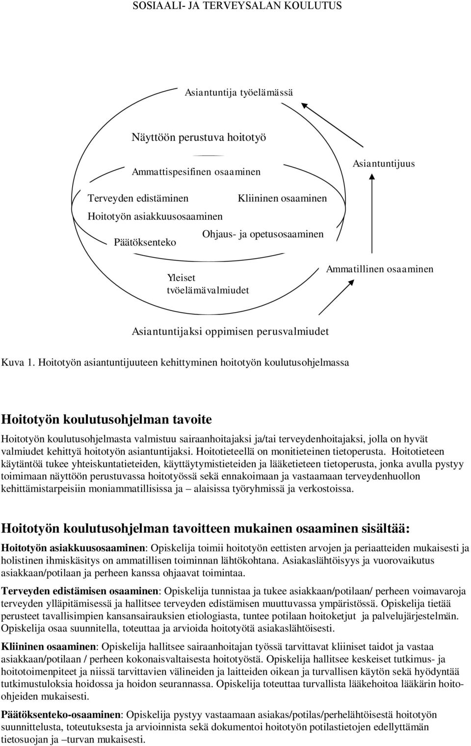 Hoitotyön asiantuntijuuteen kehittyminen hoitotyön koulutusohjelmassa Hoitotyön koulutusohjelman tavoite Hoitotyön koulutusohjelmasta valmistuu sairaanhoitajaksi ja/tai terveydenhoitajaksi, jolla on