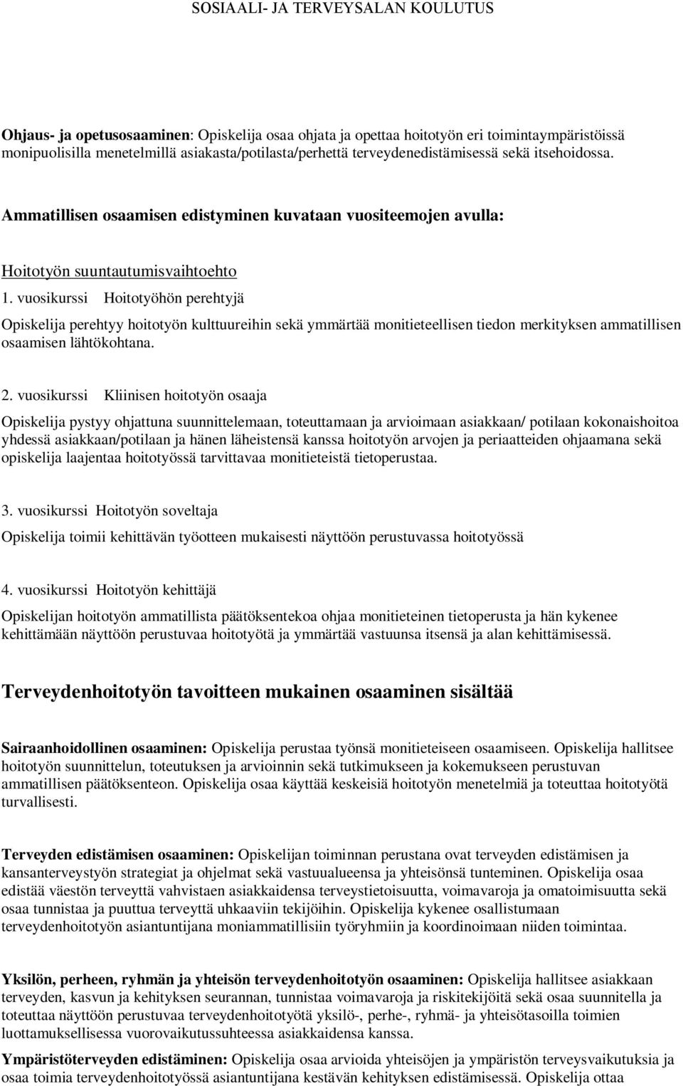 vuosikurssi Hoitotyöhön perehtyjä Opiskelija perehtyy hoitotyön kulttuureihin sekä ymmärtää monitieteellisen tiedon merkityksen ammatillisen osaamisen lähtökohtana. 2.