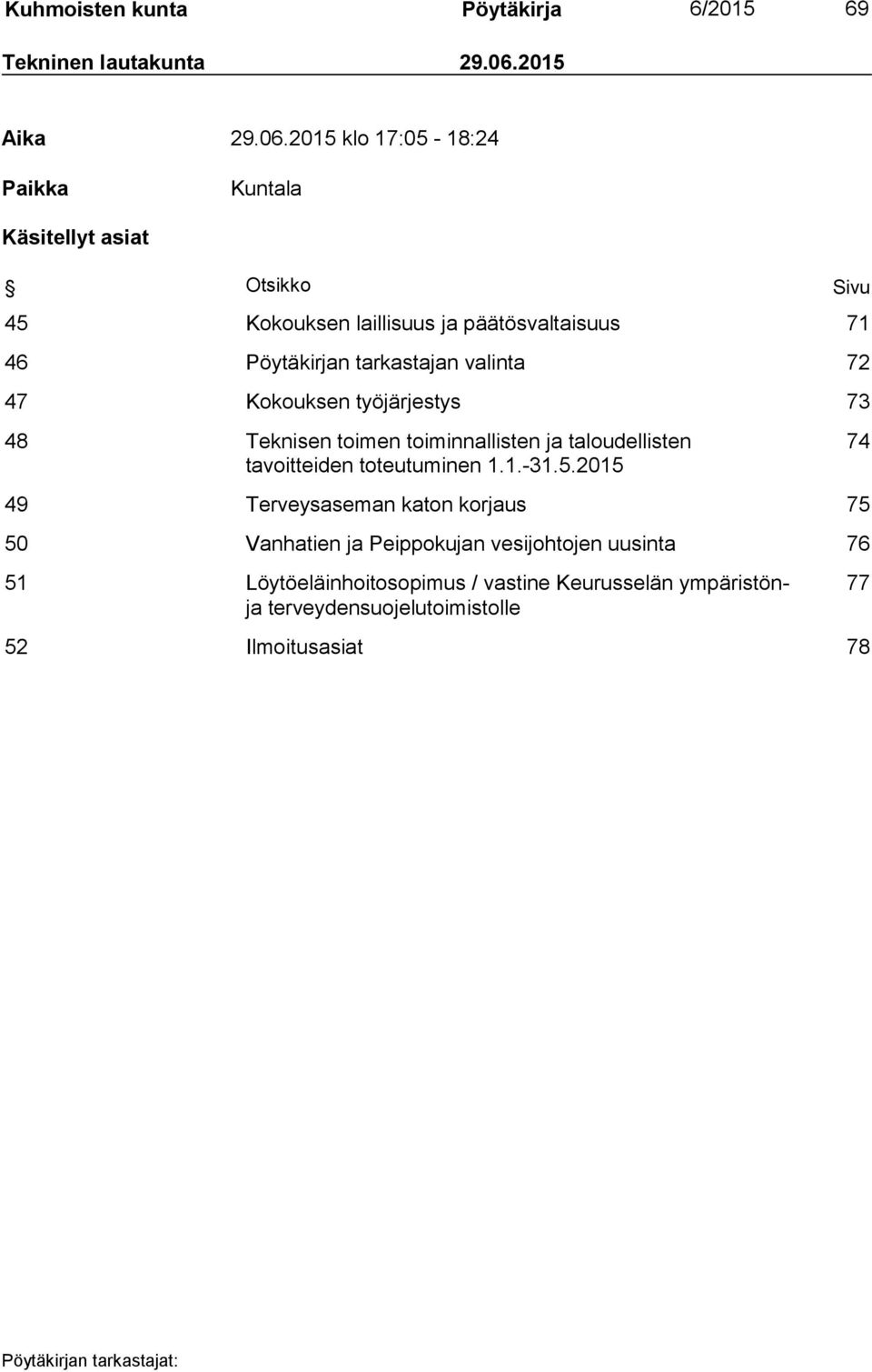 2015 klo 17:05-18:24 Paikka Kuntala Käsitellyt asiat Otsikko Sivu 45 Kokouksen laillisuus ja päätösvaltaisuus 71 46 Pöytäkirjan
