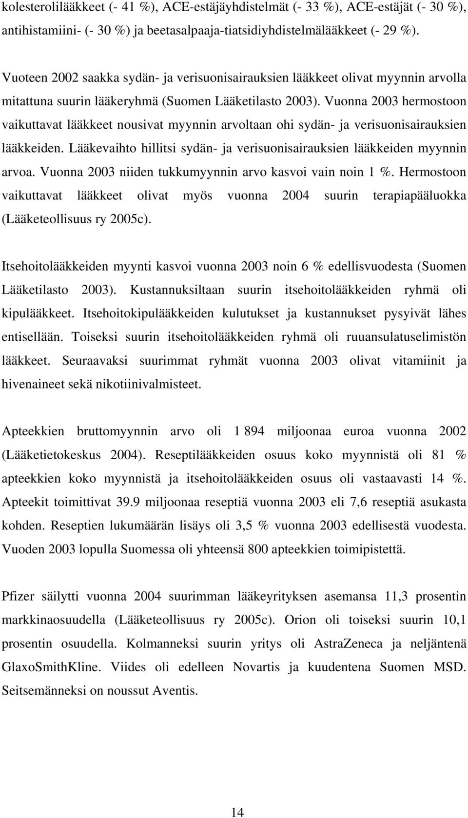 Vuonna 2003 hermostoon vaikuttavat lääkkeet nousivat myynnin arvoltaan ohi sydän- ja verisuonisairauksien lääkkeiden. Lääkevaihto hillitsi sydän- ja verisuonisairauksien lääkkeiden myynnin arvoa.