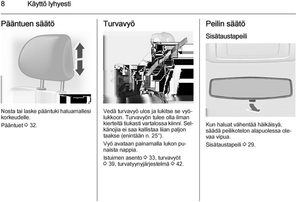 Selkänojia ei saa kallistaa liian paljon taakse (enintään n. 25 ). Vyö avataan painamalla lukon punaista nappia.