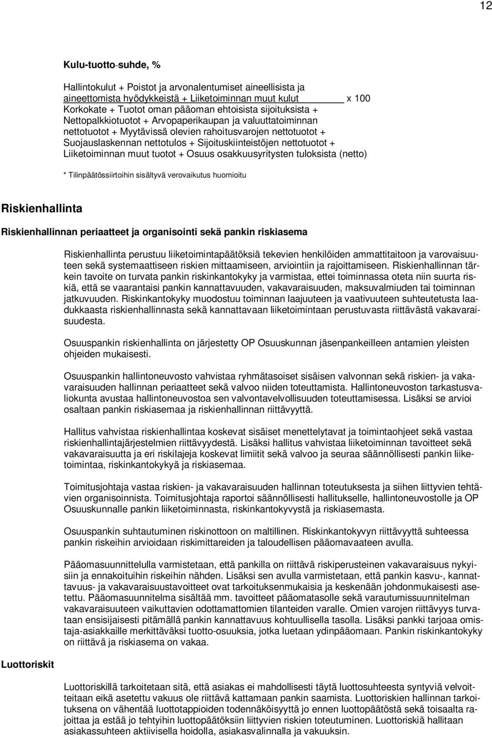 nettotuotot + Liiketoiminnan muut tuotot + Osuus osakkuusyritysten tuloksista (netto) * Tilinpäätössiirtoihin sisältyvä verovaikutus huomioitu Riskienhallinta Riskienhallinnan periaatteet ja