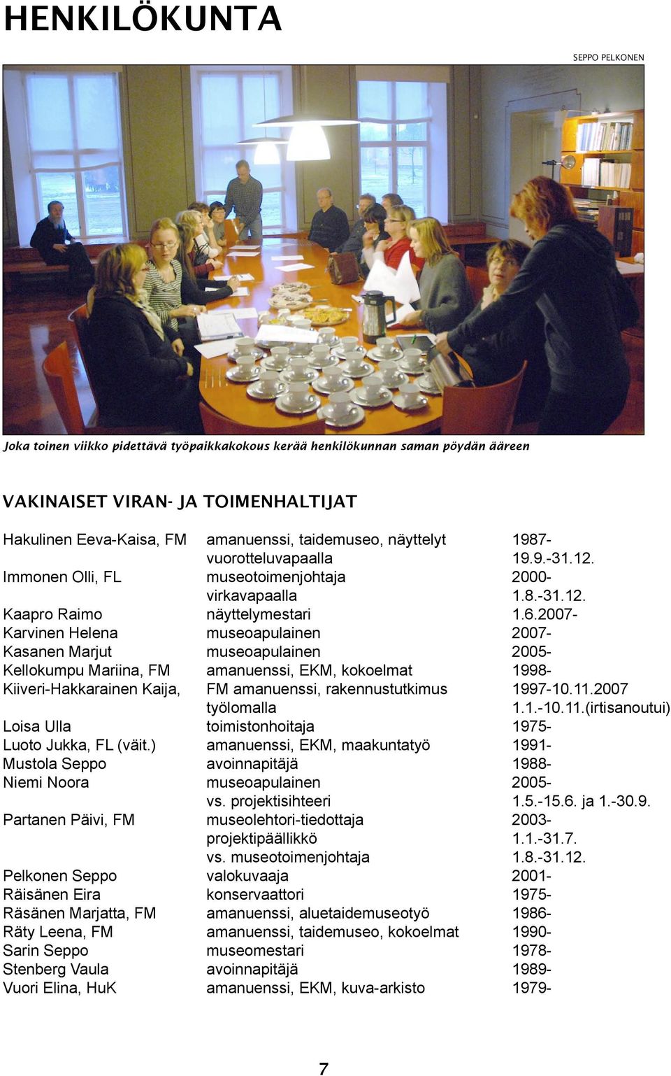 2007- Karvinen Helena museoapulainen 2007- Kasanen Marjut museoapulainen 2005- Kellokumpu Mariina, FM amanuenssi, EKM, kokoelmat 1998- Kiiveri-Hakkarainen Kaija, FM amanuenssi, rakennustutkimus