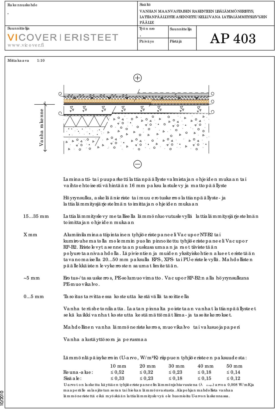 ohjeiden mukaan 1535 mm Lattialämmityslevy metallisella lämmönluovutuslevyllä lattialämmitysjärjestelmän toimittajan ohjeiden mukaan X mm Alumiinilaminaattipintainen tyhjiöeristepaneeli Vacupor NT-B2