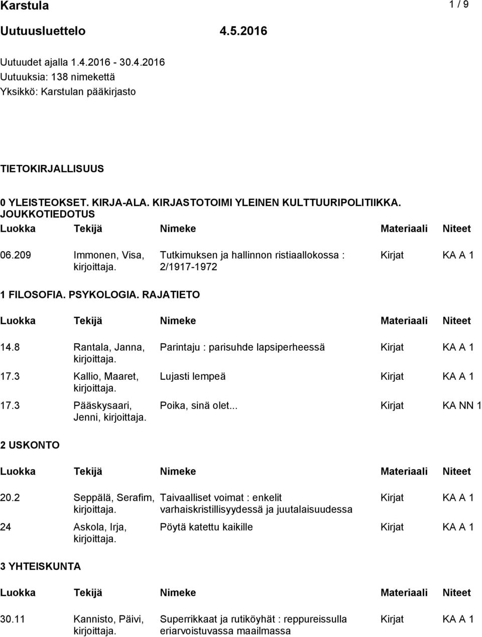 8 Rantala, Janna, 17.3 Kallio, Maaret, 17.3 Pääskysaari, Jenni, Parintaju : parisuhde lapsiperheessä Lujasti lempeä Poika, sinä olet... Kirjat KA NN 1 2 USKONTO 20.