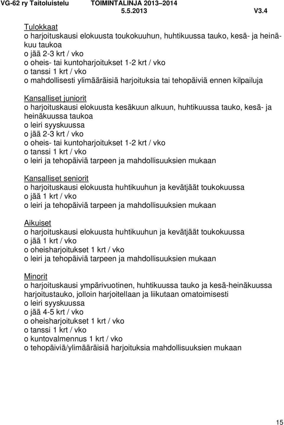 krt / vko o oheis- tai kuntoharjoitukset 1-2 krt / vko o tanssi 1 krt / vko o leiri ja tehopäiviä tarpeen ja mahdollisuuksien mukaan Kansalliset seniorit o harjoituskausi elokuusta huhtikuuhun ja