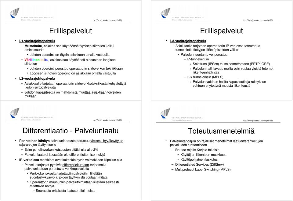 vastuulla Värillinen kuitu, asiakas saa käyttöönsä ainoastaan loogisen siirtotien Johdon operointi perustuu operaattorin siirtoverkon tekniikkaan Loogisen siirtotien operointi on asiakkaan omalla