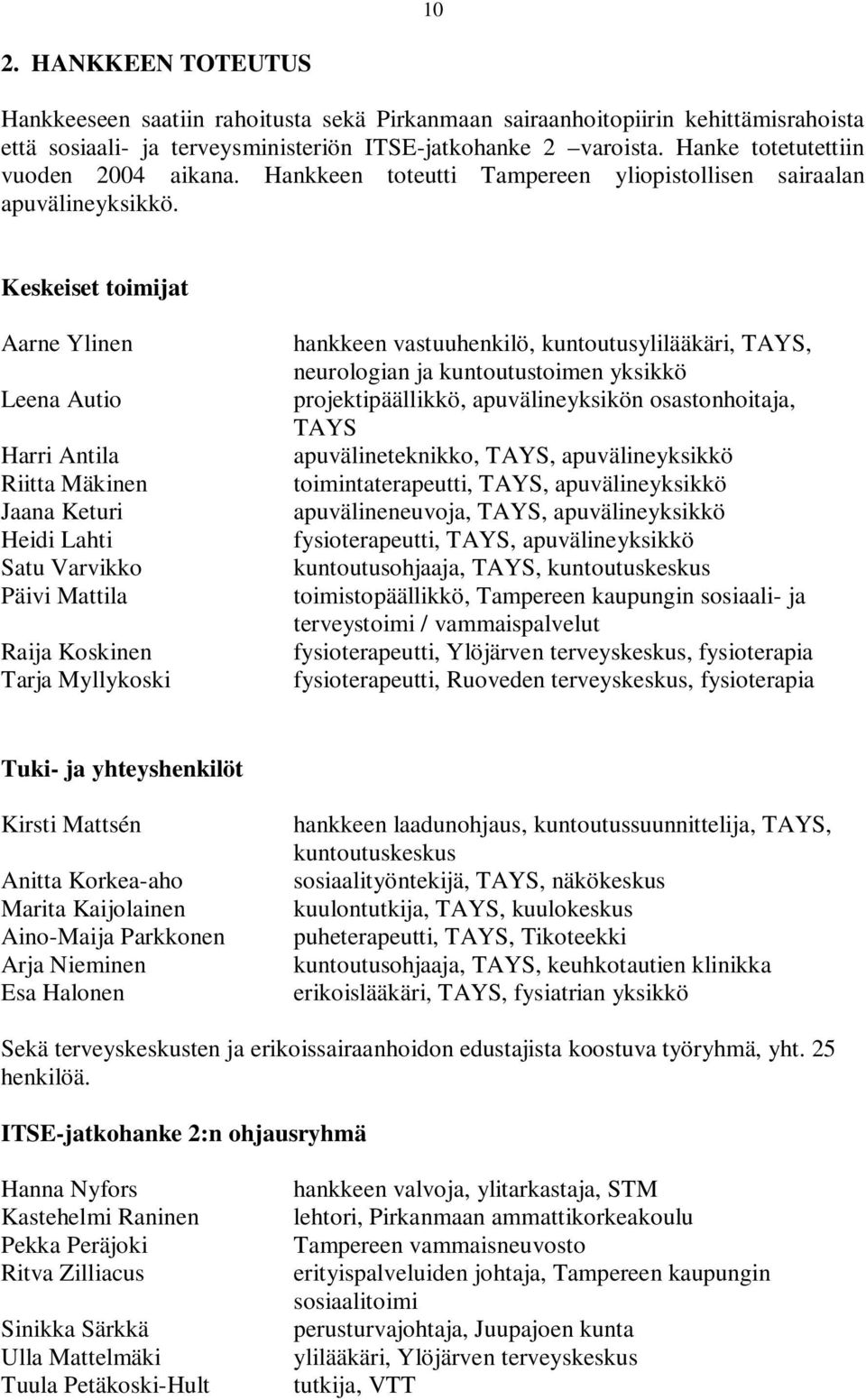 Keskeiset toimijat Aarne Ylinen Leena Autio Harri Antila Riitta Mäkinen Jaana Keturi Heidi Lahti Satu Varvikko Päivi Mattila Raija Koskinen Tarja Myllykoski hankkeen vastuuhenkilö,