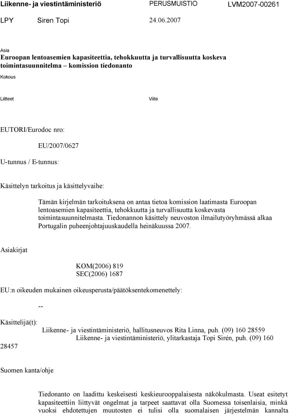 E-tunnus: Käsittelyn tarkoitus ja käsittelyvaihe: Tämän kirjelmän tarkoituksena on antaa tietoa komission laatimasta Euroopan lentoasemien kapasiteettia, tehokkuutta ja turvallisuutta koskevasta